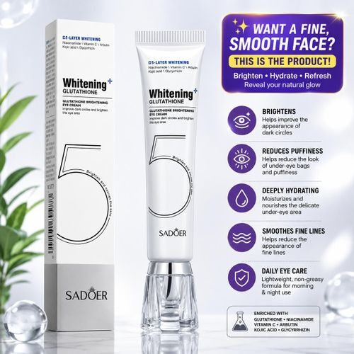 Sadoër Whitening Glutathione eye cream in a white squeeze tube with a clear glass base, shown next to its white and silver box. The background is white with decorative water droplets and a purple informational graphic on the right detailing product benefits.