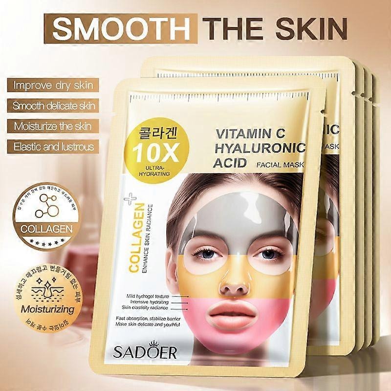 Five Sadoer Vitamin C Hyaluronic Acid Facial Mask packets arranged in a fan, with a model's face showing mask patches applied. The packaging is beige with yellow and black text, set against a warm beige background with promotional text and badges.