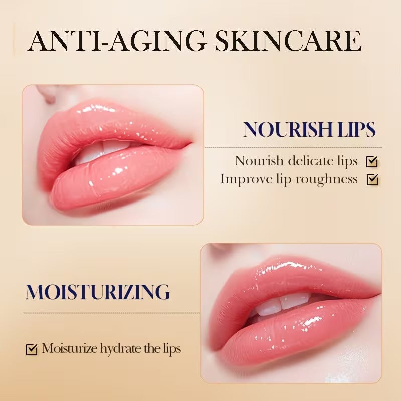 Anti-aging skincare promotional graphic showing two close-up lip photos on a beige background with text reading 'ANTI-AGING SKINCARE,' 'NOURISH LIPS,' and 'MOISTURIZING.'.
