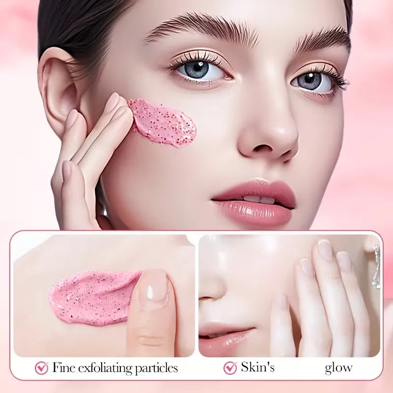 A close-up beauty graphic showing a woman applying a pink exfoliating facial cream to her cheek, with two smaller inset panels below demonstrating the cream texture and a glowing skin effect. Text at the bottom reads 'Fine exfoliating particles' and 'Skin's glow'.