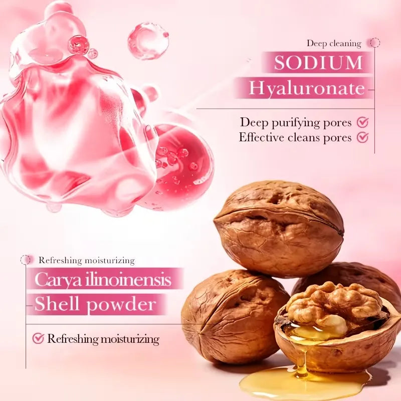 Promotional graphic for a skincare product featuring sodium hyaluronate and Carya ilinoinensis shell powder. The design has a pink background with a large pink translucent droplet on the left, text overlays on the right and left, and three whole walnuts with one halved walnut showing honey on the bottom right.