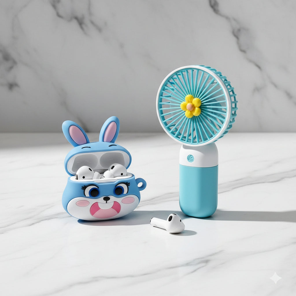 A 3-in-1 portable fan, earbud, and charging case set in its original retail packaging. The box features a cartoon blue bunny illustration and the text '3-IN-1 COOL'