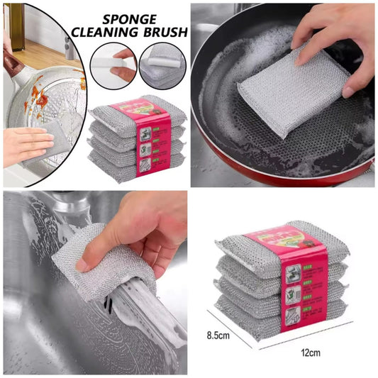 Pack Of 4 Steel Wire Dishwashing Sponge, Double Sided Cleaning Sponge, Non Stick Oil Kitchen Dishcloth