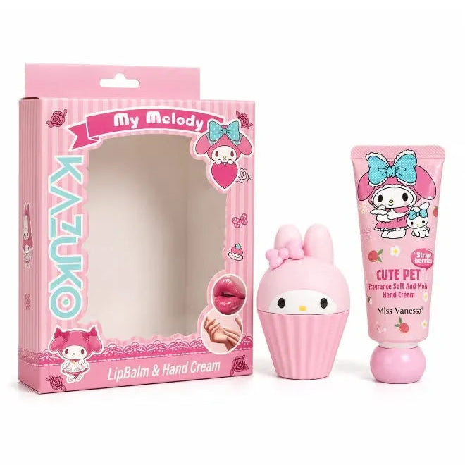 My Melody lip balm and hand cream set by Kazuko, featuring a pink character box, a cupcake-shaped pink lip balm, and a pink hand cream tube with My Melody illustrations.