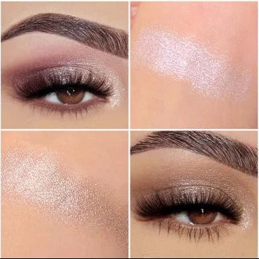 A makeup swatch collage titled 'TRENDY 5 COLORS' showing five eyeshadow shades applied on skin and a small palette with multiple shimmer colors. The shades include white, pink, gray, gold, and bronze tones.