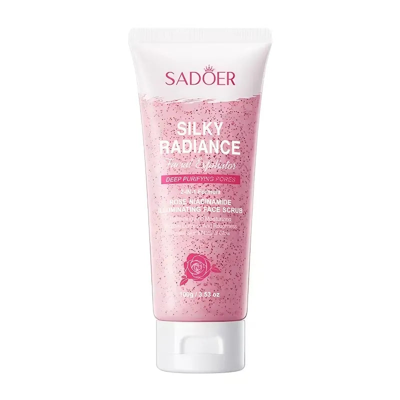 SADOER Silky Radiance Deep Purifying Pore Face Scrub in a pink squeeze tube with a white cap, shown on a plain white background.