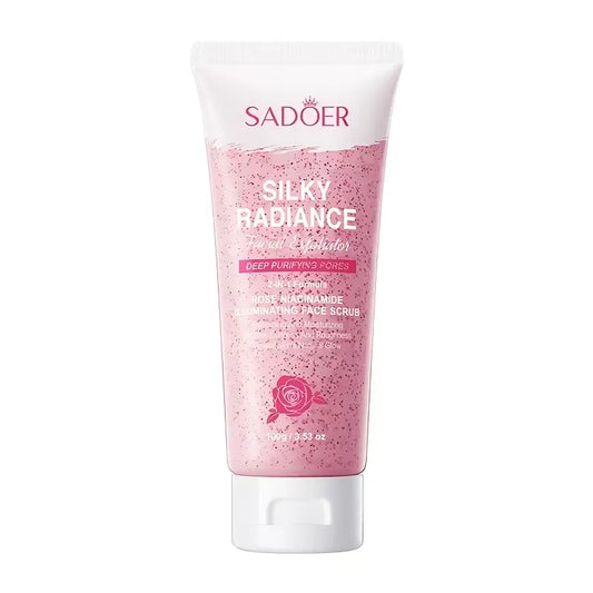 SADOER Silky Radiance Deep Purifying Pore Face Scrub in a pink squeeze tube with a white cap, shown on a plain white background.