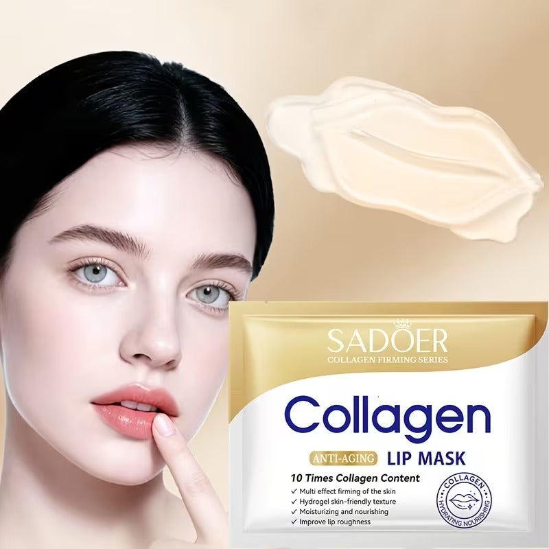 Sadoer Collagen Lip Mask packaging shown next to a close-up of a woman's face with pink lips and a cream-colored lip mask swatch on a beige background.