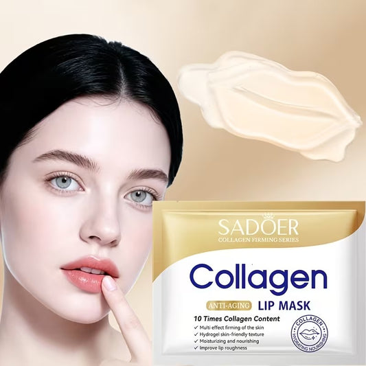 Sadoer Collagen Lip Mask packaging shown next to a close-up of a woman's face with pink lips and a cream-colored lip mask swatch on a beige background.