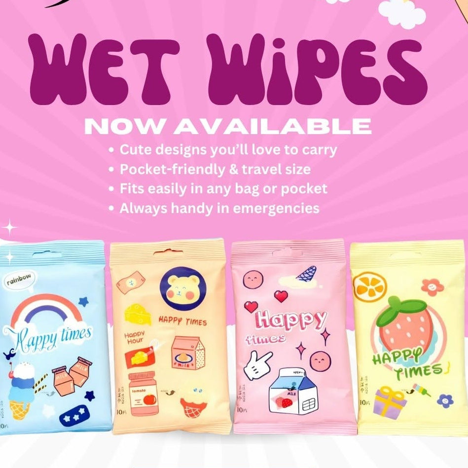 Wet Wipes showing four colorful individually wrapped wipes packets on a pink background with text advertising them as now available.