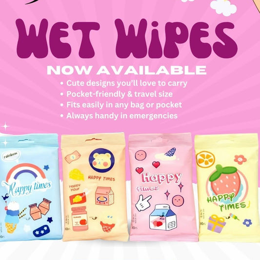 Wet Wipes showing four colorful individually wrapped wipes packets on a pink background with text advertising them as now available.