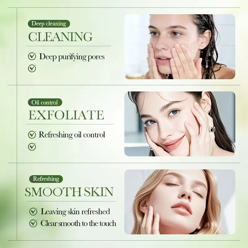A promotional skincare graphic with three panels showing women's faces and text about cleansing, exfoliate, and smoothing skin benefits on a pale green background.