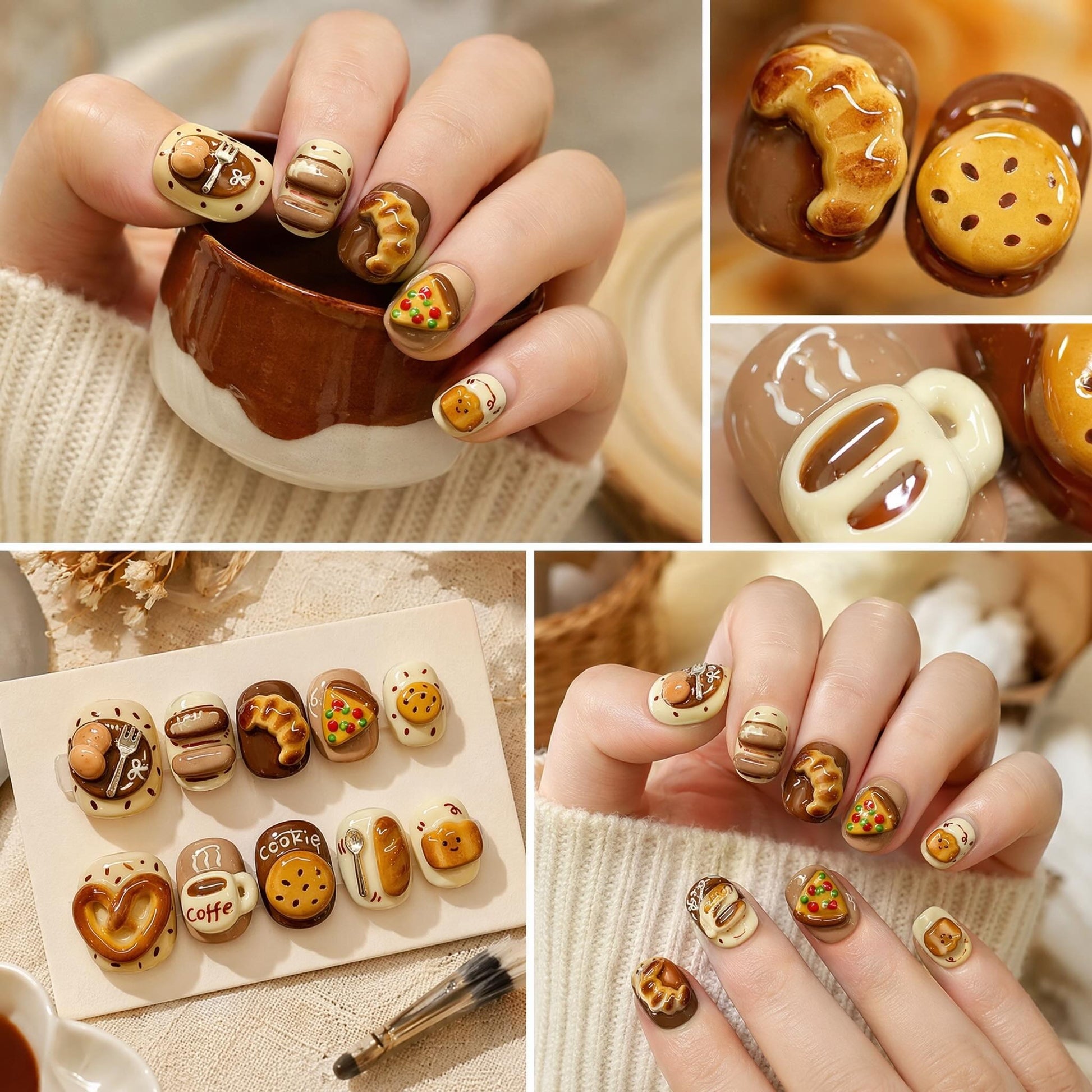 A collage showing close-up views of hands wearing decorative nail art and a set of matching bakery-themed press-on nails. The designs include miniature pastries, cookies, coffee cups, and breads in warm brown, cream, and tan tones, with some nails featuring small green and red food details.