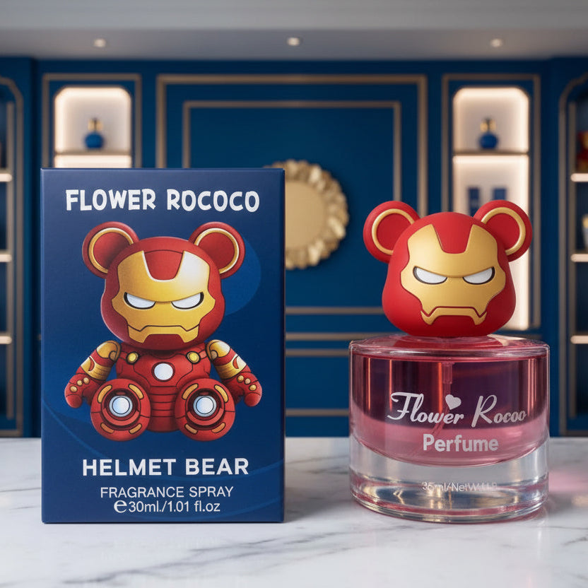 Flower Rococo Helmet Bear fragrance spray bottle and its blue packaging box, featuring a bear-shaped character inspired by Iron Man on both the cap and the box.