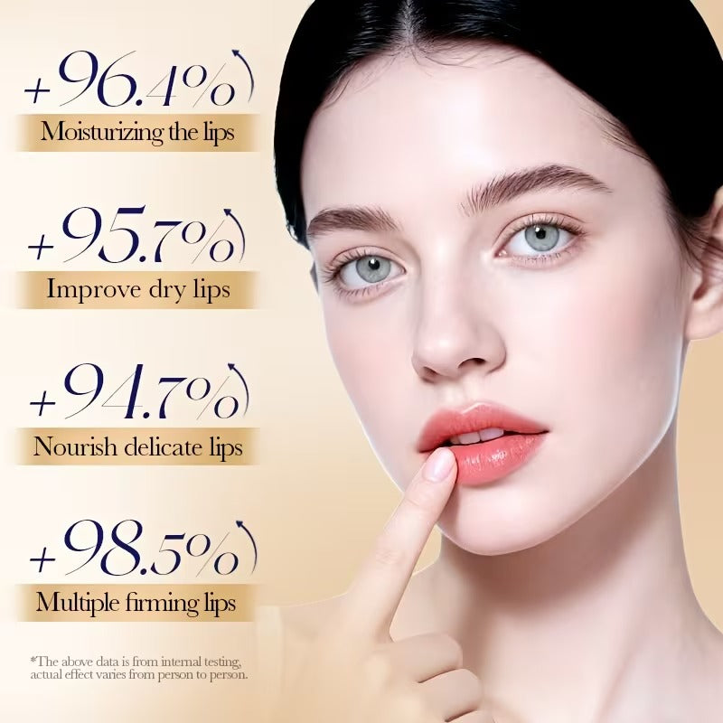 Woman with moisturized lips and text highlighting lip care benefits on a beige background