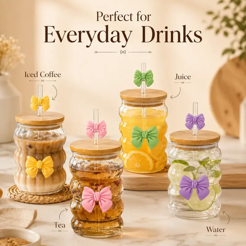 Bow Coffee Glass Mug – High Borosilicate Cloud Cup with Wooden Lid & Straw