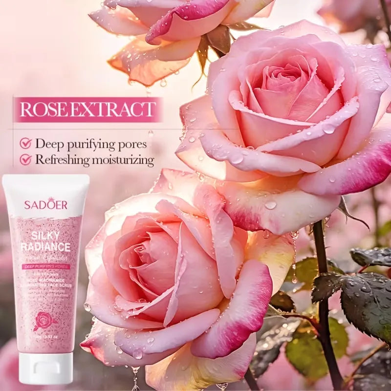 SADOER Silky Radiance Rose Extract facial cleanser tube shown next to a background of fresh pink roses with water droplets. The image includes text highlighting the benefits of rose extract.