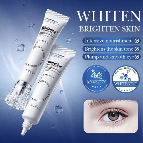 Two white SADOER Whitening Eye Cream tubes with clear caps, displayed on a blue background with text highlighting skin whitening benefits and a close-up of a human eye.