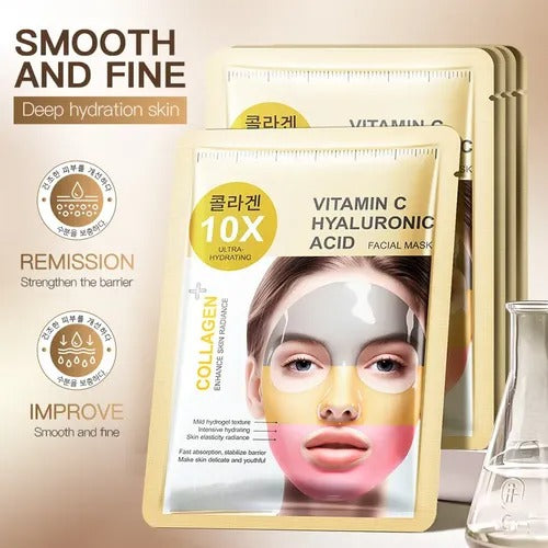 A pack of Vitamin C Hyaluronic Acid Facial Masks shown with three additional packs behind it, alongside marketing text and icons for deep hydration, remission, and improved smoothness. A small glass beaker is visible on the right.