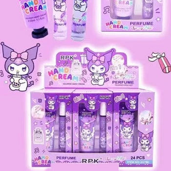 A purple-themed cosmetic gift set featuring cartoon Kuromi character packaging and multiple perfume/perfume cream tubes and bottles, arranged on a pink and purple decorative background with the brand RPK visible on several items.