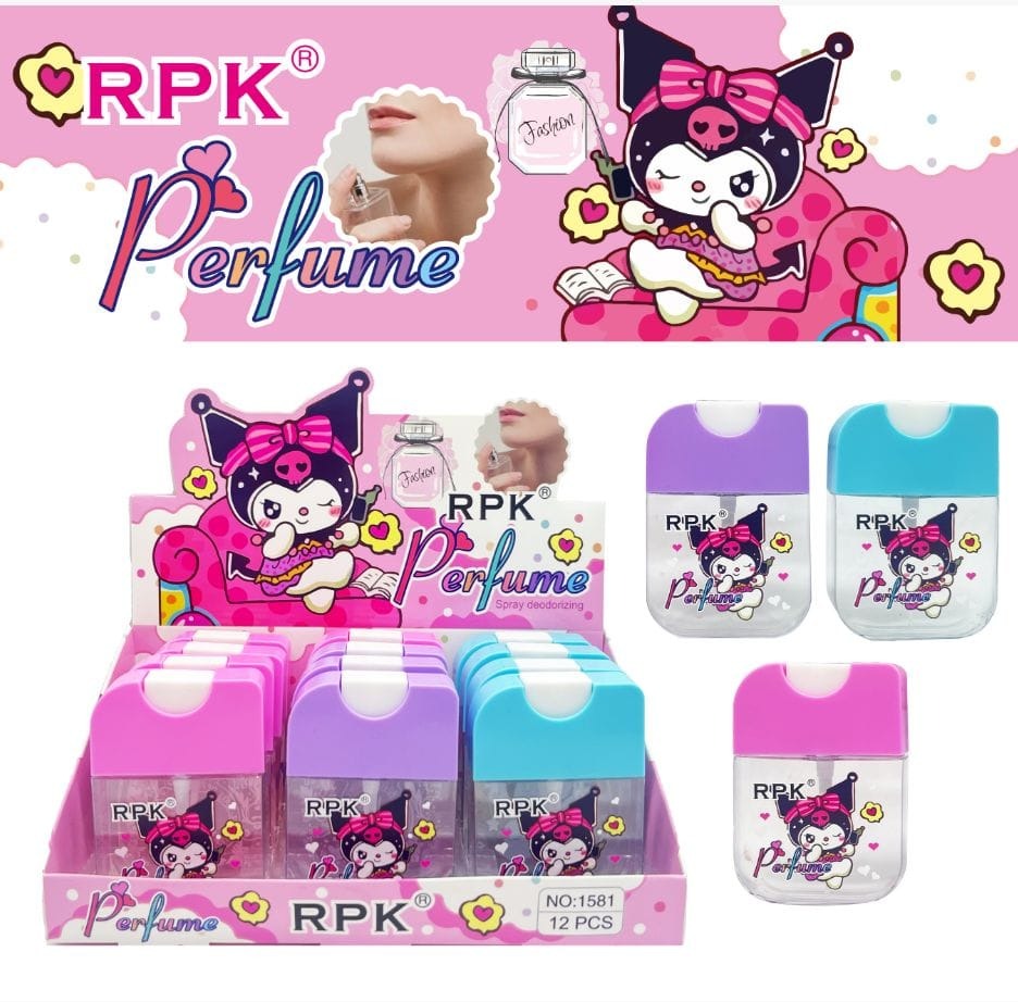A retail display box and individual small perfume spray bottles featuring a cartoon character on a pink and white background. The products are shown in pink, purple, and blue packaging with the brand name RPK Perfume visible.