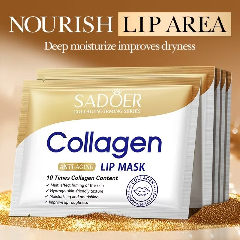 A pack of Sadoer Collagen Lip Mask anti-aging lip masks, featuring individual pouches in a gold and white design, set against a warm brown background with gold glitter accents.