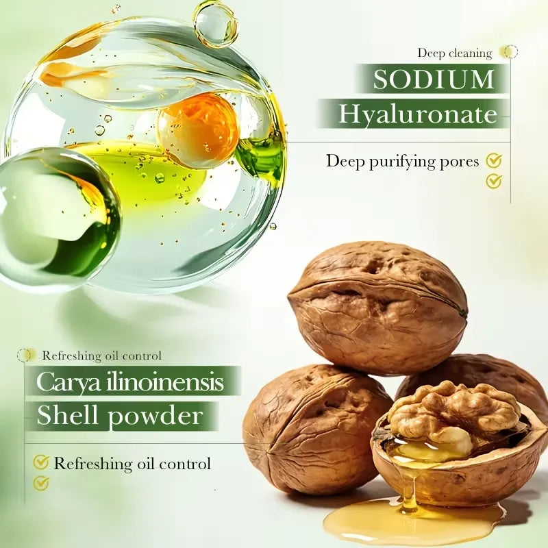 Beauty product graphic featuring a large clear oil droplet bottle with green and yellow oil, walnuts, and text reading 'Deep cleaning Sodium Hyaluronate' and 'Refreshing oil control Carya ilinoinensis Shell powder.'.