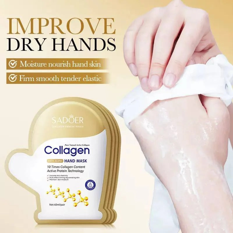 Sadoer Collagen Hand Mask packet shown beside a person rubbing a moisturizing hand cream onto their hand, with text reading 'IMPROVE DRY HANDS' and benefits about nourishing hand skin and firming smooth elastic.
