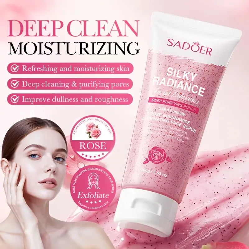Sadoer Deep Clean Moisturizing Silkly Radiance Deep Purifying Pore Scrub in a pink squeeze tube with a white cap, shown next to a woman touching her face and a pink rose-themed graphic on a pink background.