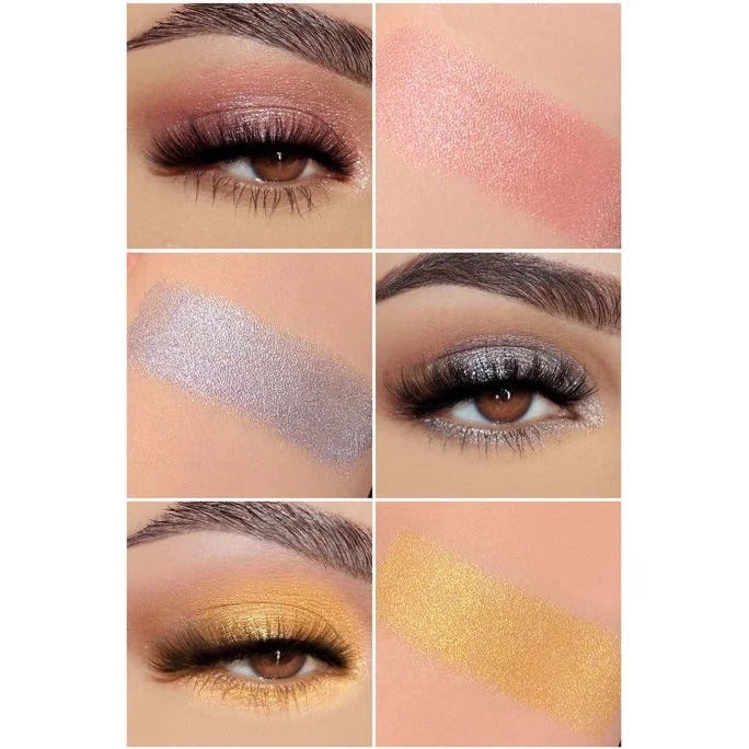 Six-panel makeup swatch collage showing eyeshadow colors applied on eyes and as swatches: bronze and pink, pink, silvery gray, silver and black, gold and bronze, and a large gold swatch on a peach background.