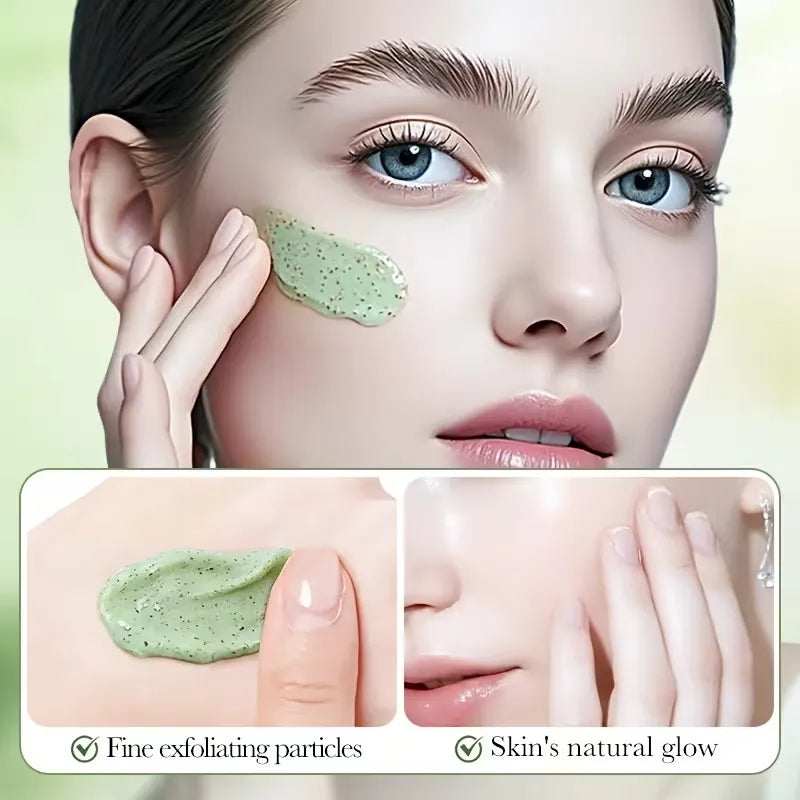 Close-up of a woman applying a green exfoliating face mask to her cheek, with two inset detail panels showing the mask texture and smooth skin.