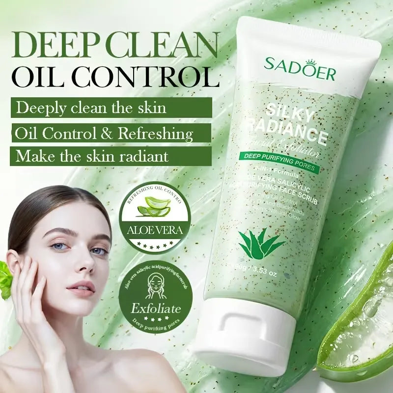 Sadoer Silky Radiance Deep Purifying Face Scrub in a 50 ml squeeze tube, displayed alongside promotional text and a model on a green aloe vera themed background.