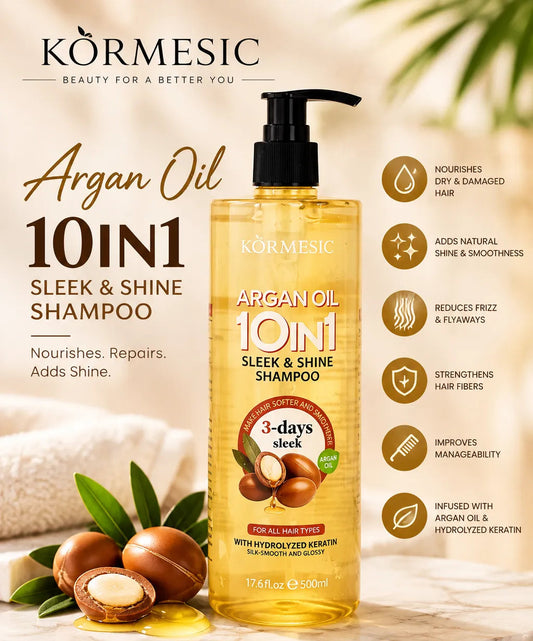 A bottle of Körmesic 10in1 Argan Oil Sleek & Shine Shampoo shown on a warm beige promotional background with argan nuts, leaves, and benefit callouts printed beside it.