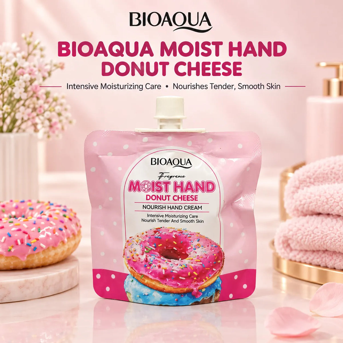 BIOAQUA Moist Hand Donut Cheese hand cream in a pink stand-up pouch with donut graphics, styled on a pink surface with a folded pink towel, flowers, and donuts in the background.