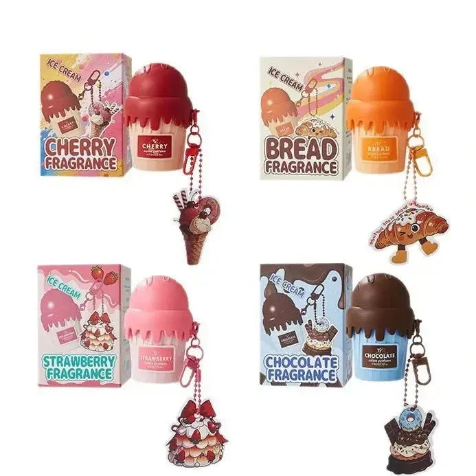 Set of ice cream-themed keychains with packaging on a white background