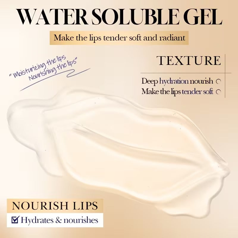 A clear, water-soluble gel swatch is displayed on a warm beige background with promotional text highlighting its hydrating and nourishing properties for lips.