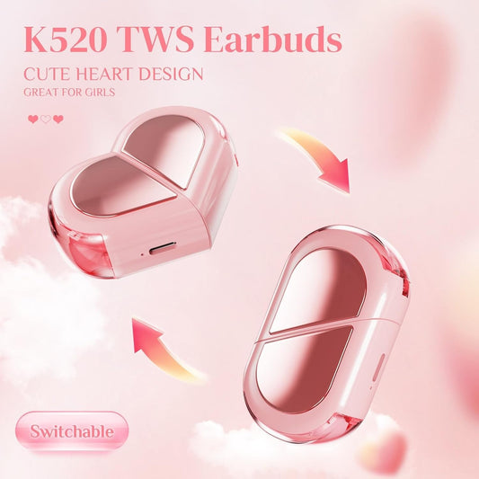K520 Pink Heart TWS Wireless Earbuds – Cute Kawaii Bluetooth Earphones for Girls