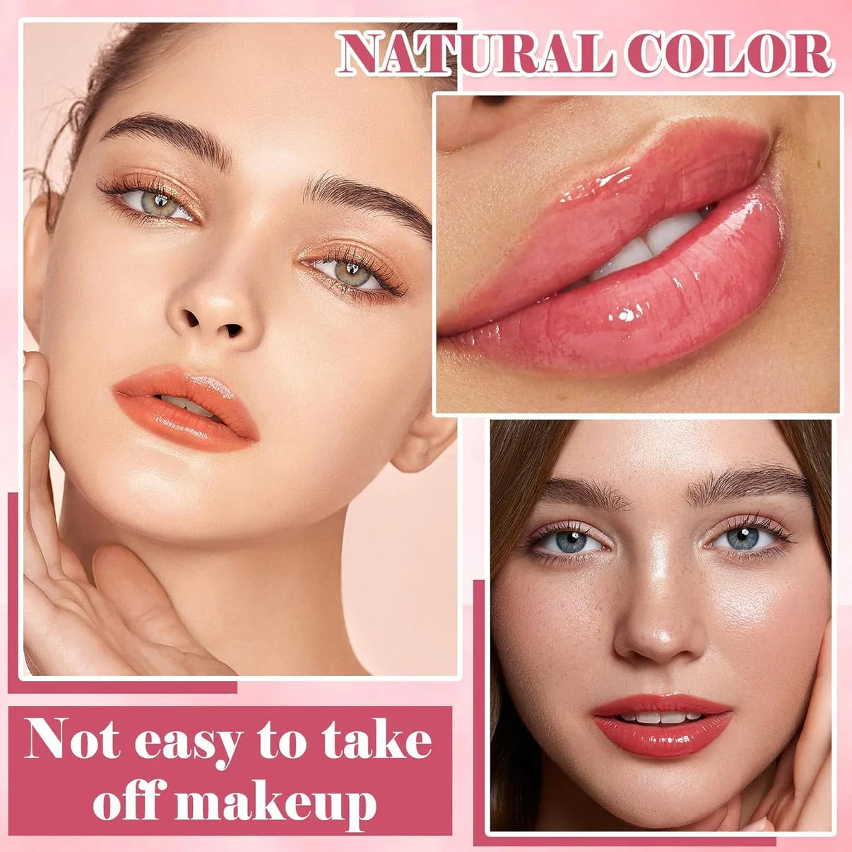 Collage of a woman's face with close-up of lips and text about natural color lip product.