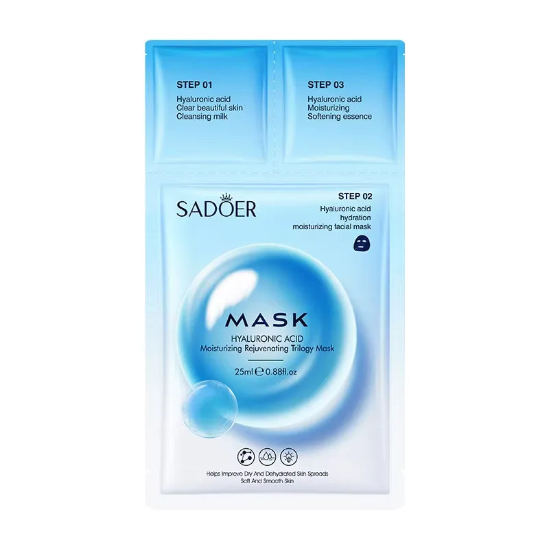 Sadoer Hyaluronic Acid Moisturizing Balancing Tri-Go Mask in a 30ml blue and white box, featuring three step panels at the top for cleansing, hydration, and soothing.