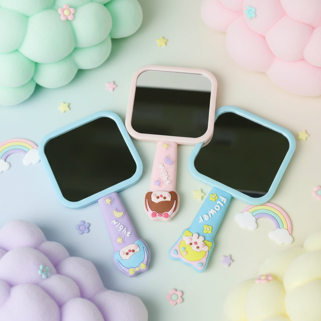 Colorful children's mirror with cartoon character handles on a white background