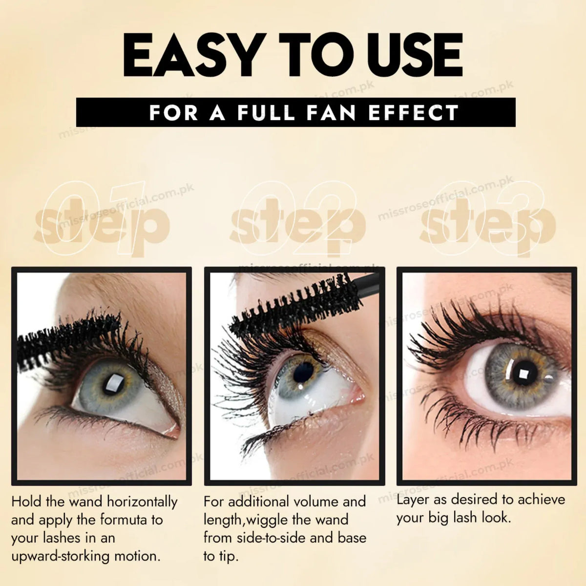 Instructional graphic showing three close-up steps for applying mascara to eyelashes, with text reading 'EASY TO USE FOR A FULL FAN EFFECT' and step-by-step directions on a beige background.