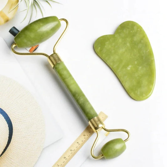 Jade Roller & Gua Sha Facial Tool Set – Anti-Aging Face Massager for Glowing Skin