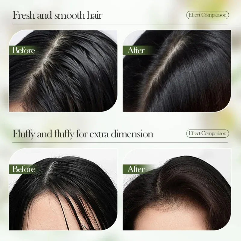 Before and after comparison of hair treatment effects on a person's hair.