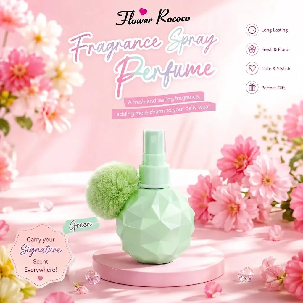 A faceted mint green perfume bottle with a fluffy green pom-pom accent, displayed on a pink pedestal in a pink floral setting. The image includes promotional text reading 'Flower Rococo Fragrance Spray Perfume' and feature callouts on the right.