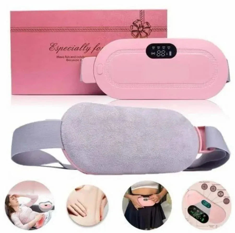 Pink and gray waist massager with digital display and packaging on a white background