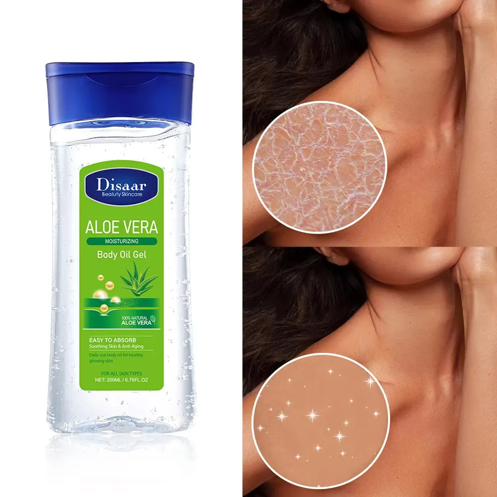 Disaar Aloe Vera Body Oil Gel bottle shown next to a before-and-after skin comparison on a model's shoulder, with a cracked dry skin circle inset on the left and a smooth glowing skin circle inset on the right.