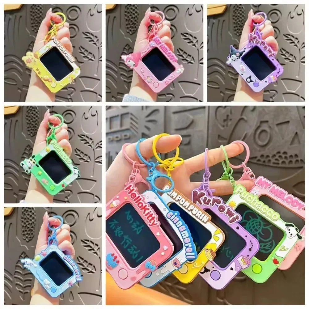 A collage of six photos showing a hand holding multiple colorful toy-style keychain devices with small screens and cartoon character designs. The products come in pink, yellow, purple, green, and blue, and the collage is set against a dark textured wall background.