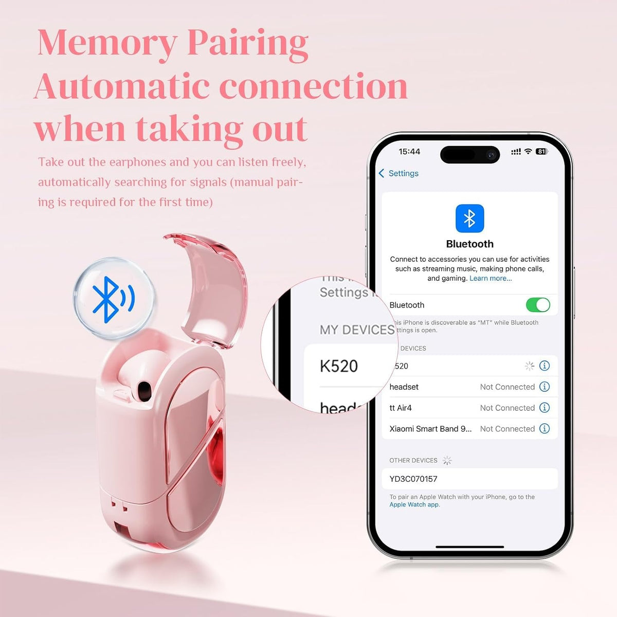 K520 Pink Heart TWS Wireless Earbuds – Cute Kawaii Bluetooth Earphones for Girls