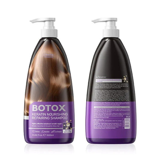 Botox Keratin Nourishing Repairing Shampoo bottles with front and back views on a white background