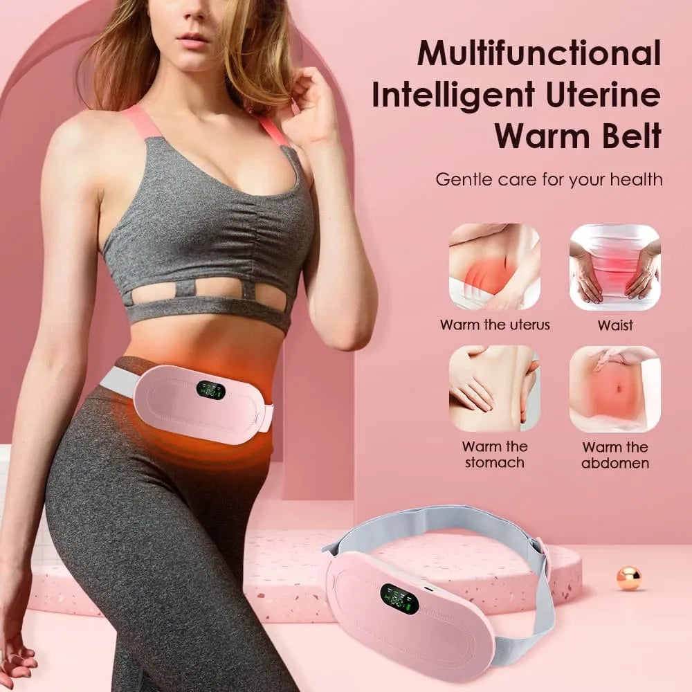 Multifunctional intelligent uterine warm belt with woman wearing it on a pink background
